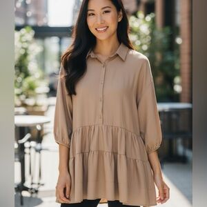 Mustard Seed Women’s Tiered Button-Front Collar Mini Dress Tan Size Medium